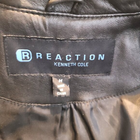 Kenneth Cole Reaction Black 100% Leather Coat – Size M – Tailored Long Jacket - Picture 10 of 11